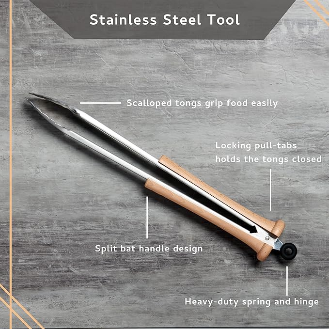 Barbecue Tongs with Wood Bat Handle, 17.5-Inch Stainless Steel