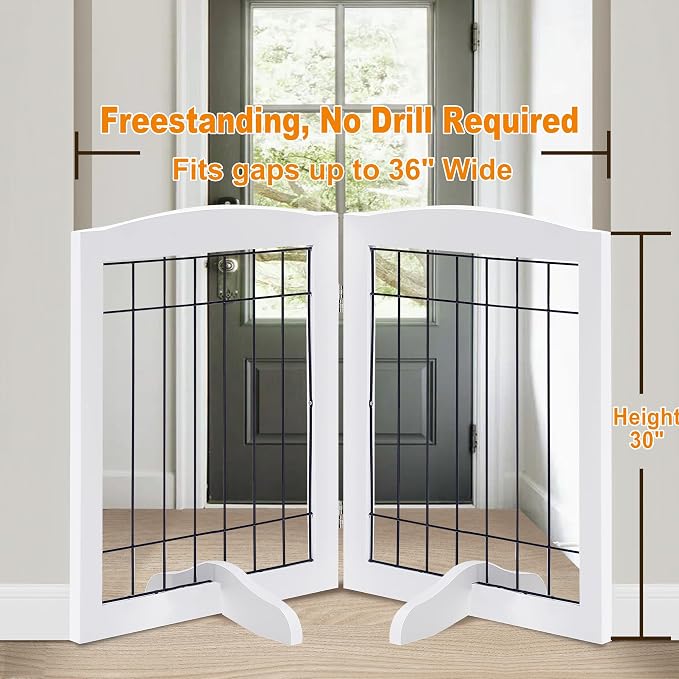 LZRS 2-Panel Freestanding Adjustable Wooden Dog Gate—30” Tall Foldable Pet - Image 2