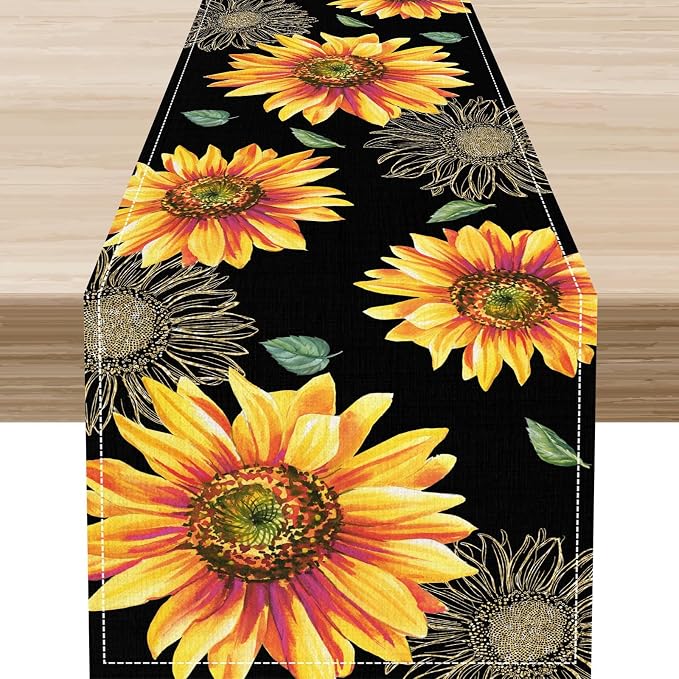 Black Yellow Floral Table Runner, Watercolor Sunflowers Vase Spring Sunshine by Unknown