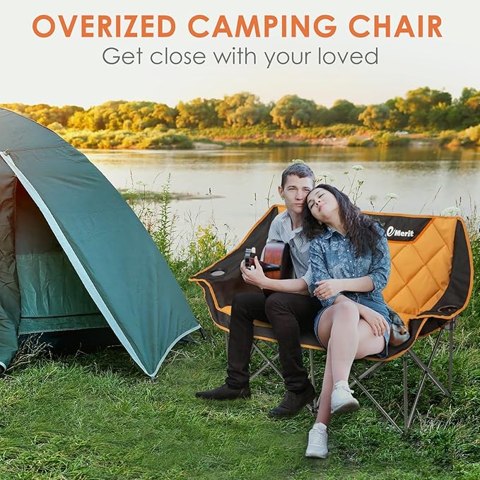 Folding Loveseat Camp Chair, Orange, 2-Seat, 650 lb Limit