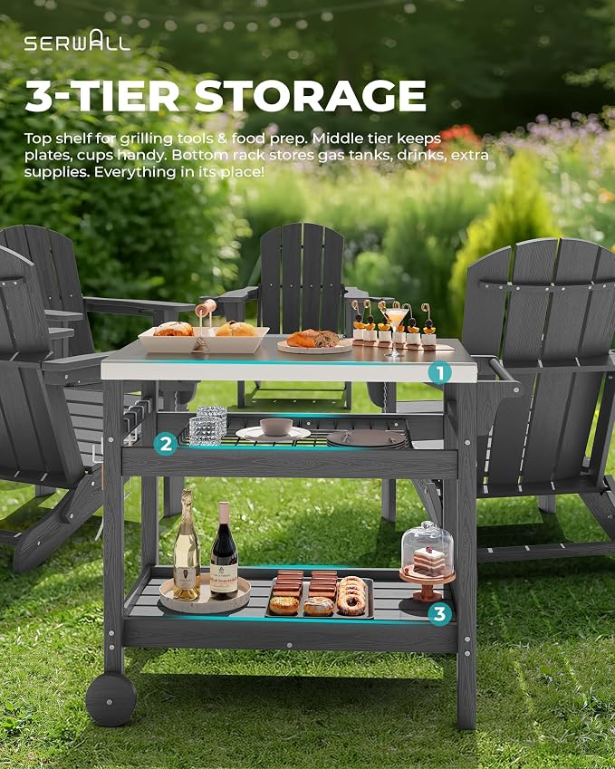 SERWALL Outdoor Grill Cart Pizza Oven Stand Trolley Table - Image 7