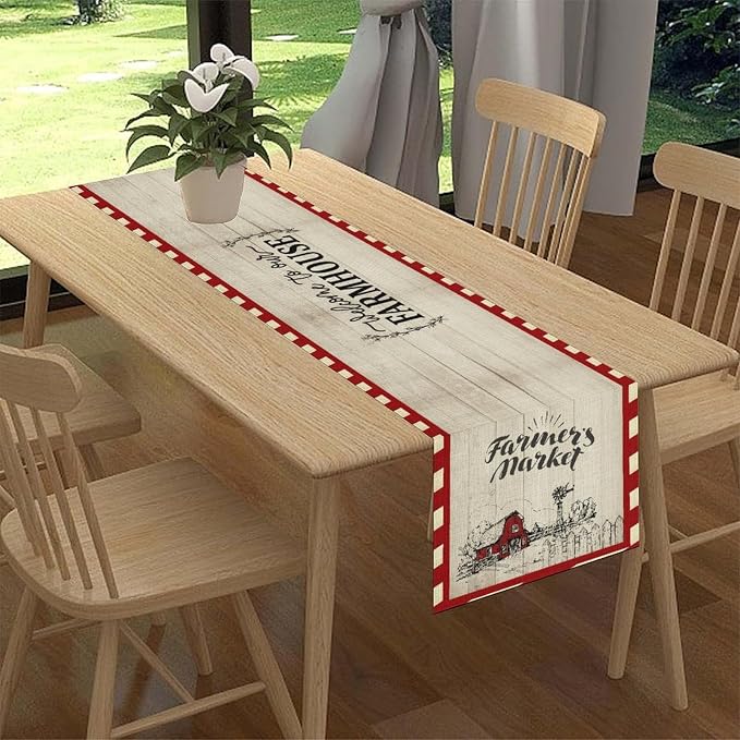 Farmhouse Table Runner, Rustic Country Barn Cottage Rooster Check Animal Plank - Image 2