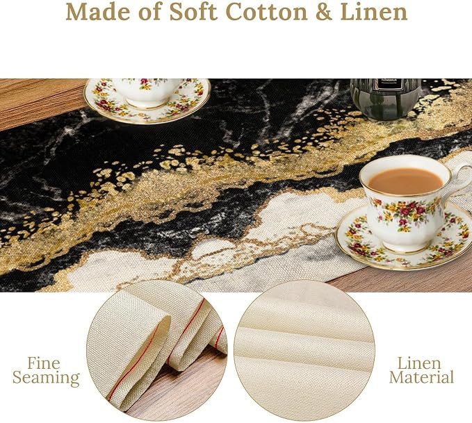 Marble Table Runner, Ink Golden Marble Texture Table Runner - Image 4