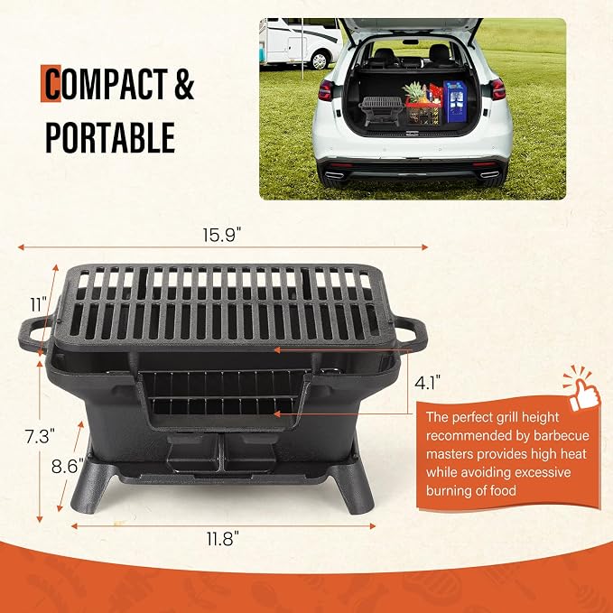 Hibachi Grill Outdoor, Portable Mini Charcoal Grill, Pre-Seasoned Cast Iron - Image 5