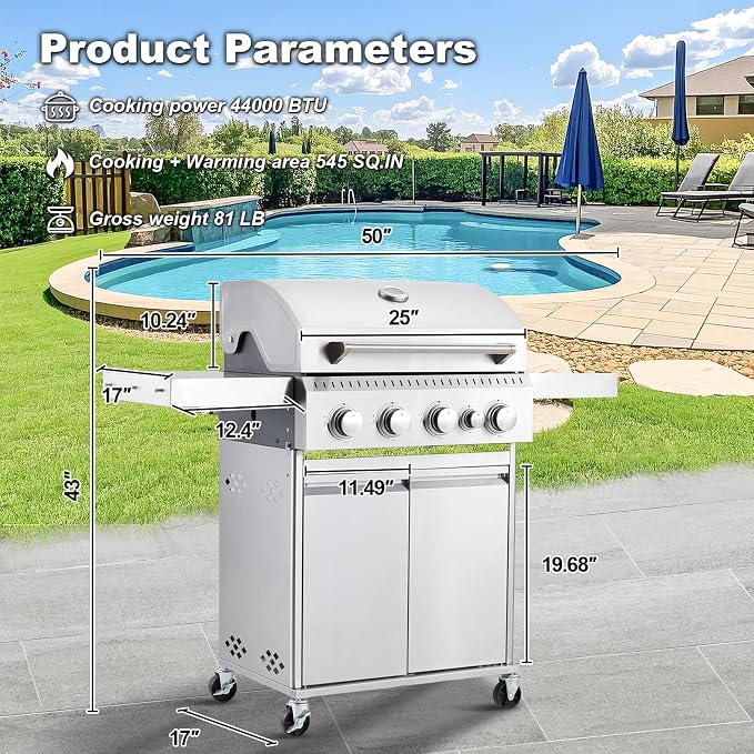 MELLCOM Stainless Steel 4 Burner BBQ Propane Gas Grill - Image 2