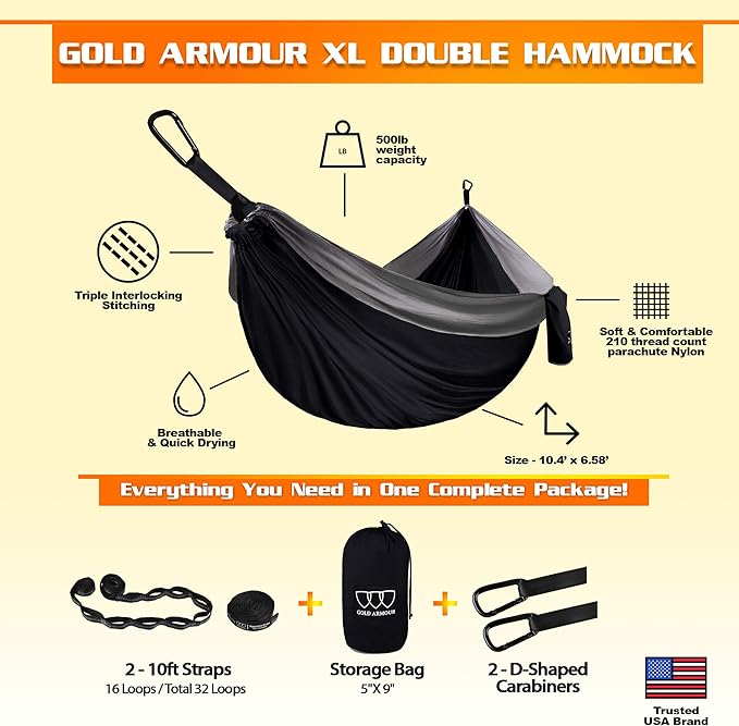 Hammock for Two: XL Double Camping Hammock in Black and Gray