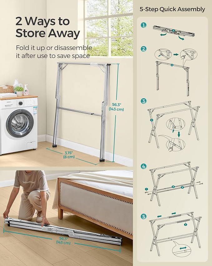 SONGMICS Clothes Drying Rack, Heavy-Duty Laundry Drying Rack, 45.7-63.4 Inches - Image 6