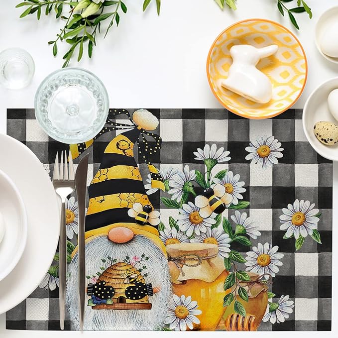Seliem Spring Bee Gnome Daisy Placemats Set of 4, Honey Black White Buffalo - Image 4