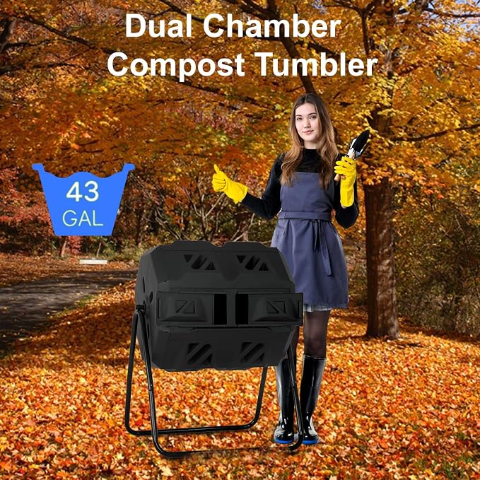 FDW Outdoor Compost Bin, 43 Gallon Dual Chamber Tumbling Composting Bin - Image 2