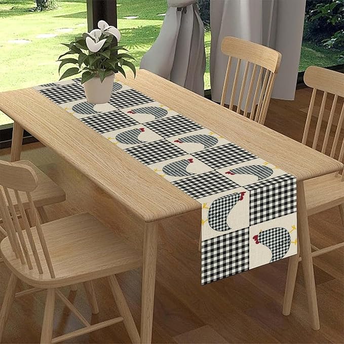 Farmhouse Rooster Table Runner, Rustic Farm Chicken Black White Plaid Buffalo - Image 2