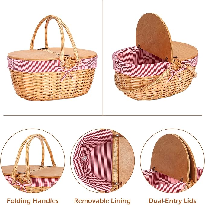 Wicker Picnic Basket with Liner, Wooden Split Lid Picnic Basket, Vintage-Style - Image 2
