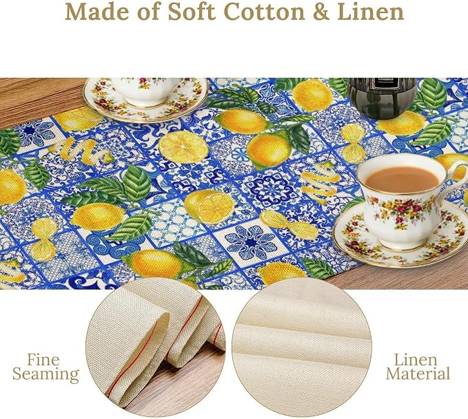 Tiles Lemon Table Runner Blue White Yellow Vintage Rustic Summer Fruit Chic - Image 6