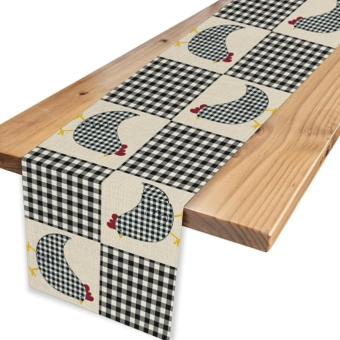 Farmhouse Rooster Table Runner, Rustic Farm Chicken Black White Plaid Buffalo - Image 4