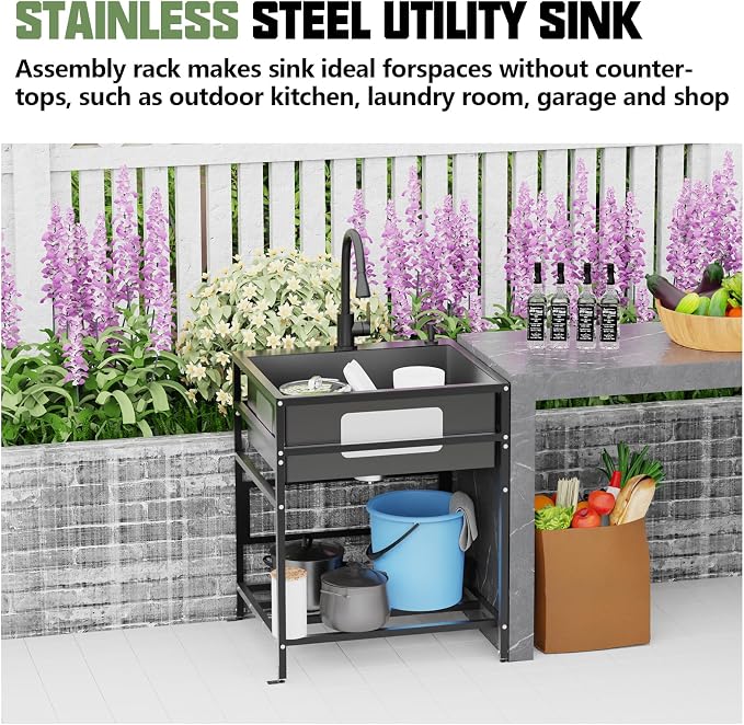 Black 25x22 Inch Freestanding Utility Sink-Stainless Steel Laundry Sink - Image 2