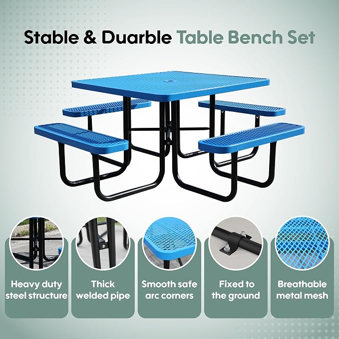 46" Square Picnic Table for Outside, Heavy Duty Metal Picnic Table Bench Set - Image 4