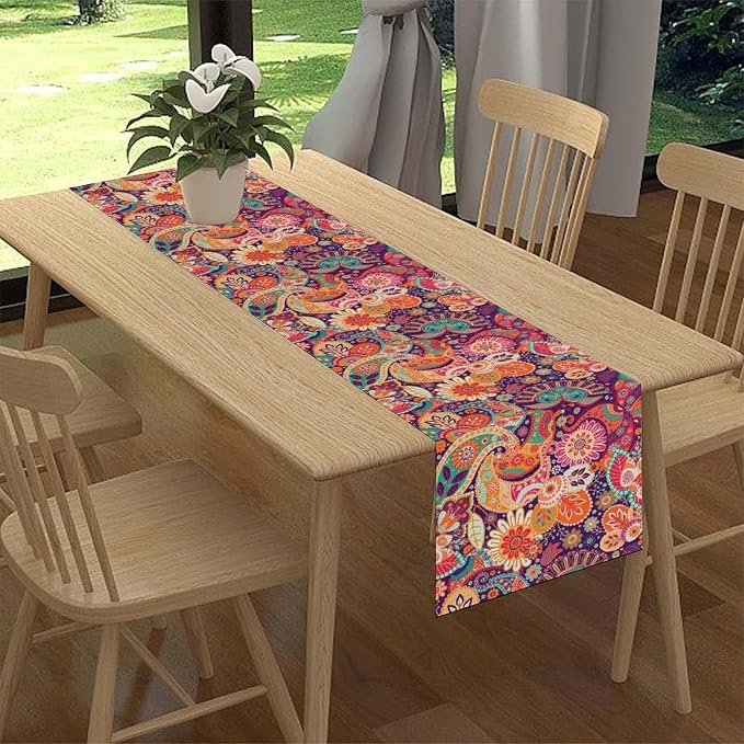 Purple Paisley Table Runner, Rustic Damask Antique Floral Flower Retro Boho - Image 2