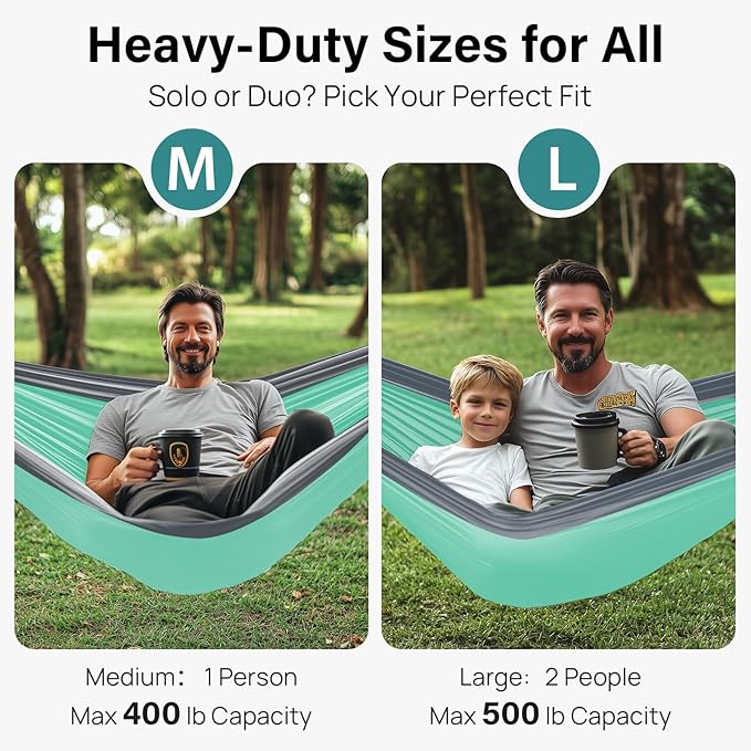 Hammock, Double Nylon Camping Hammock, 500 lb Capacity, Turquoise & Grey