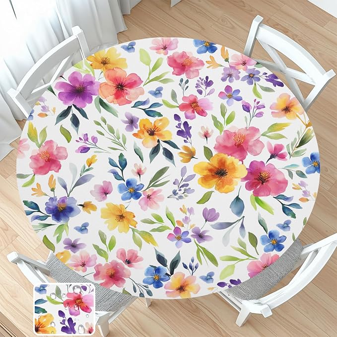 Spring Summer Floral Round Fitted Tablecloth by Unknown