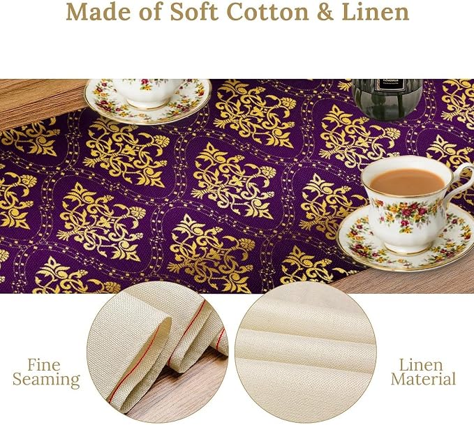 Vintage Table Runner, Retro Antique Gothic Purple Damask Floral Flower Pattern - Image 6