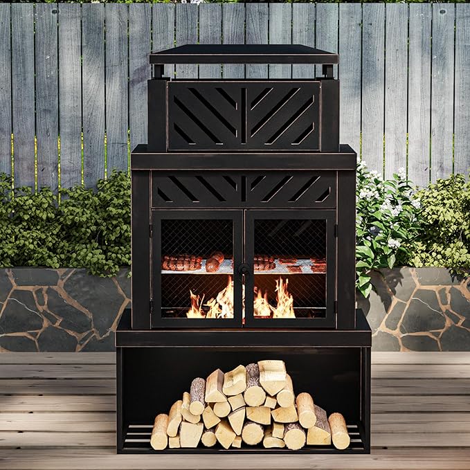 Outdoor Fireplace with Chimney and Wood Storage, Metal Wood Burning Fire Pit - Image 2