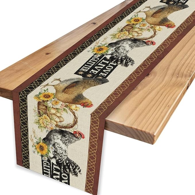 Farmhouse Rooster Table Runner, Rustic Vintage Chicken Egg Sunflower Floral Cow - Image 5