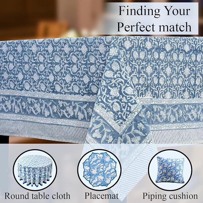 CPC Azure Regal Tablecloth 100% Cotton 60x90 Inch Indian Block Print Rectangle - Image 8