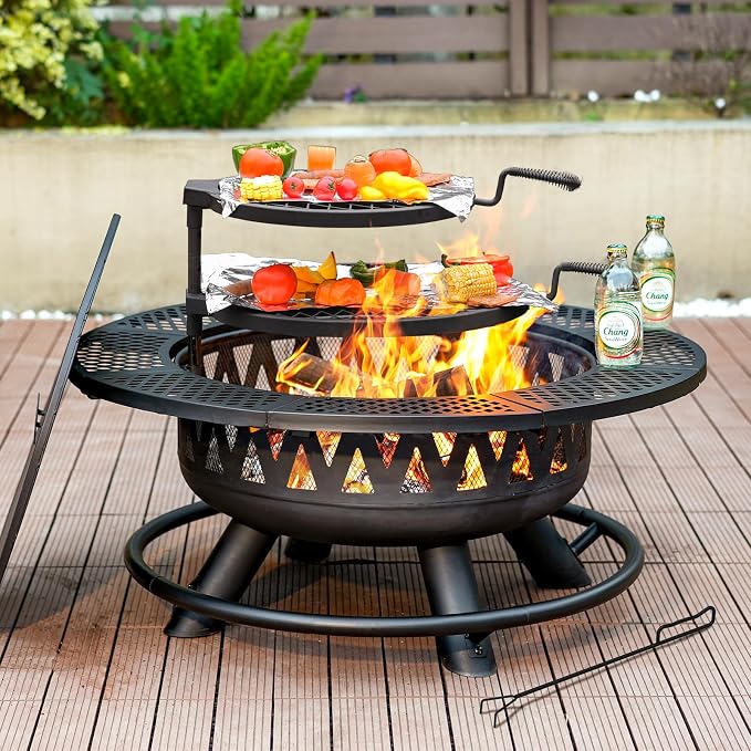 36 Inch Fire Pit with 2 Grills, Large Outdoor Firepits by Florise