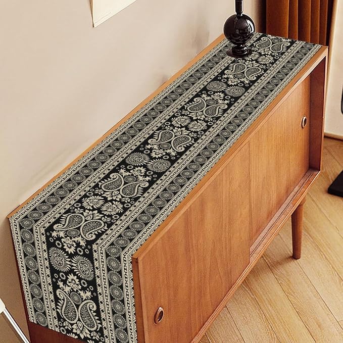 Black Paisley Table Runner, Rustic Damask Antique Floral Flower Retro Boho - Image 3