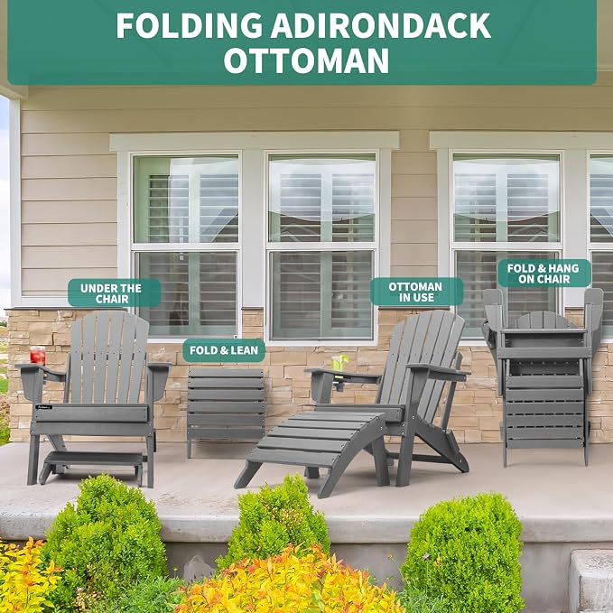 FUNBERRY Folding Adirondack Ottoman, HDPE All Weather Outdoor Foot Rest - Image 7