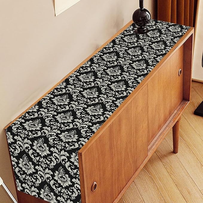 Black Damask Table Runner, Rustic Gothic Baroque Style Floral Boho Flower - Image 3