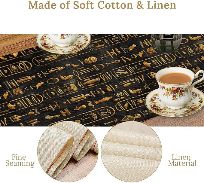 Egyptian Table Runner, Retro Egypt Mythology African Hieroglyphics Alphabet - Image 4