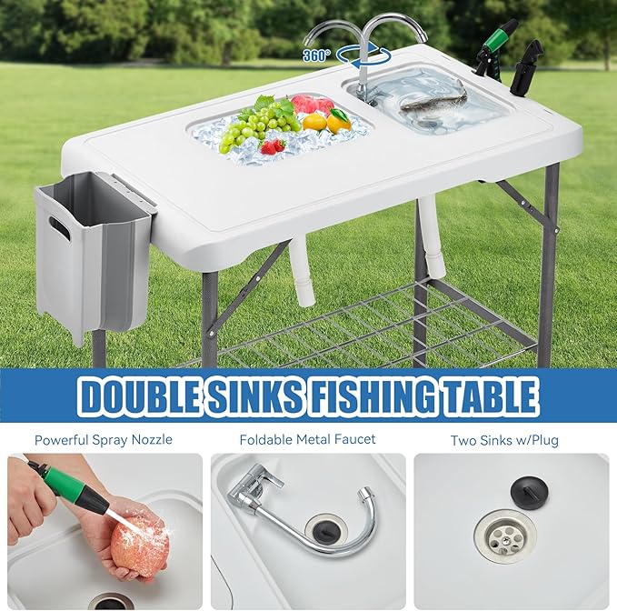 Folding Fish Cleaning Table Portable Camping Double Sinks Table w/2 Dual Water - Image 5