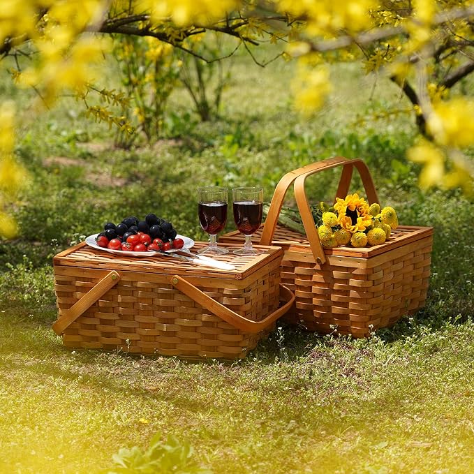 Picnic Basket Set for 2 Persons, Woven Woodchip Basket - Image 4