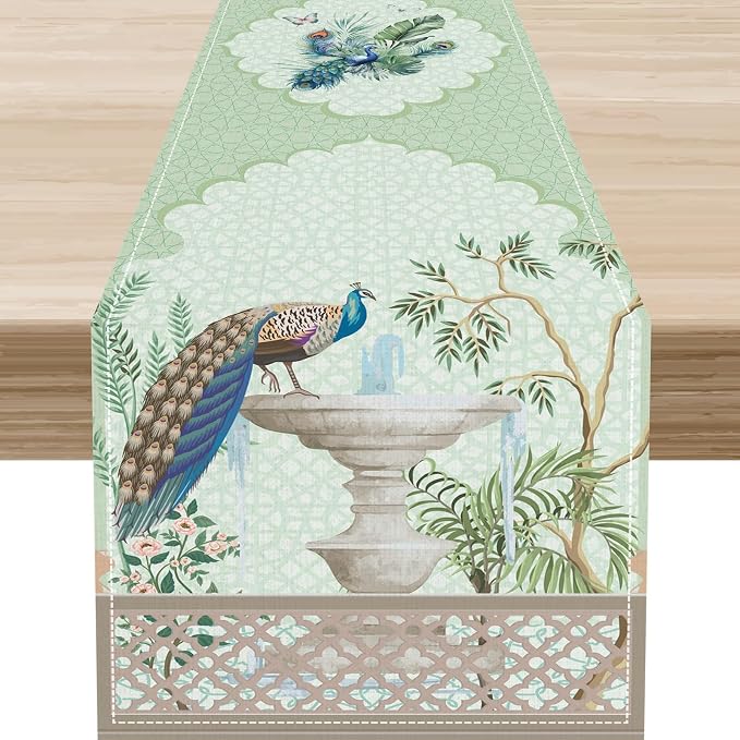 Blue Peacock Table Runner, Vintage Rustic Fountain Tropical Plant Peacock by Unknown