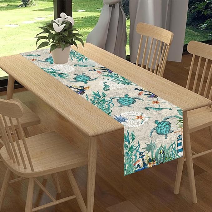 Sea Turtle Table Runner, Summer Coastal Starfish Seahorse Seashells Coastal - Image 2