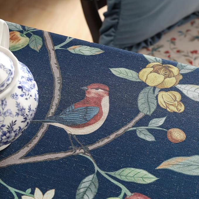 Linen Blue Tablecloth, Wrinkle Resistant French Vintage Tablecloth Print - Image 5