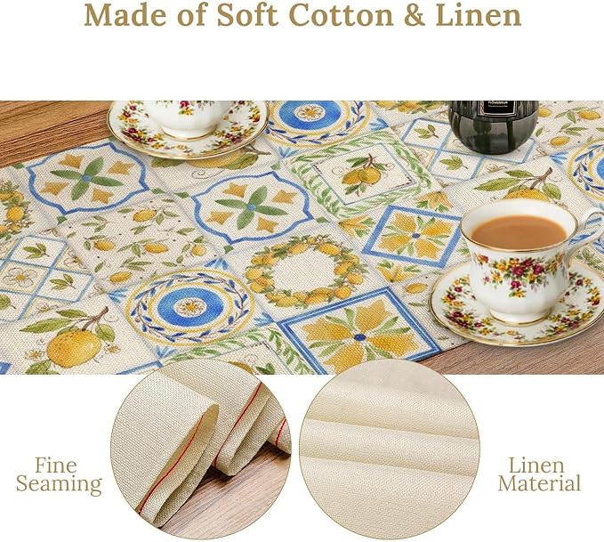 Yellow Lemon Summer Table Runner, Watercolor Spring Yellow and Blue Flower - Image 6