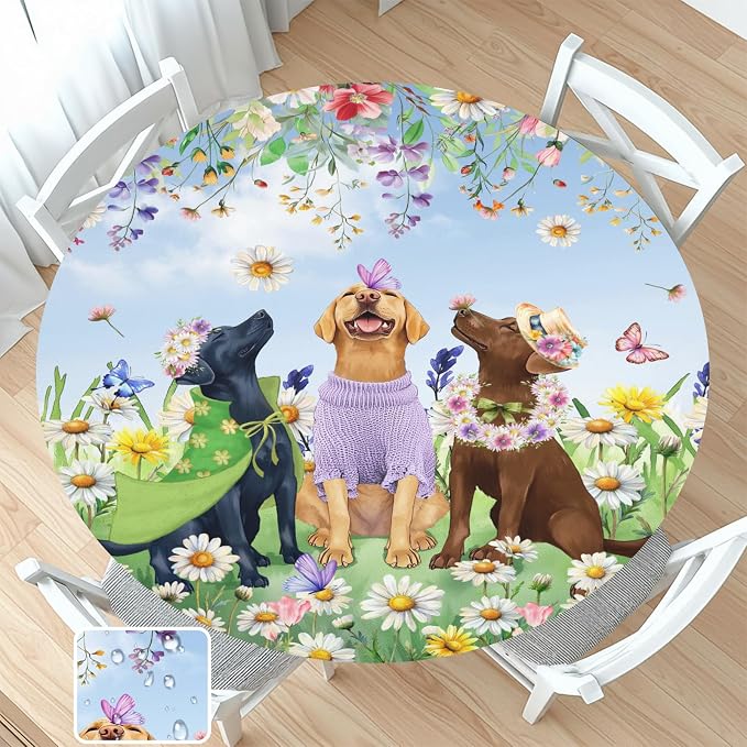 Spring Dogs Round Fitted Tablecloth by Unknown