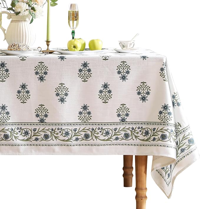 ISAENNE Designer White Linen Long Rectangle Tablecloth, Chinoiserie Floral by Isaennehomedecoration