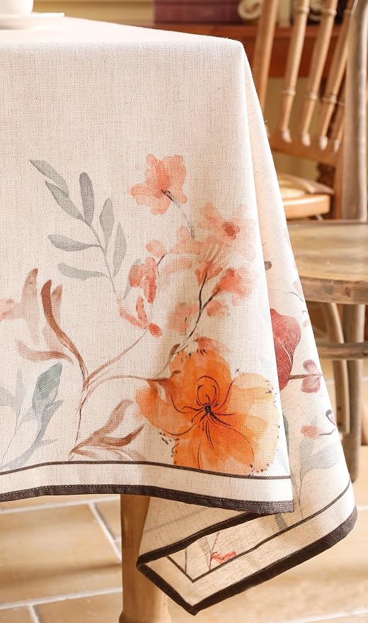 Linen Rectangle Tablecloth, French Vintage Pink Floral Pattern Wrinkle Free - Image 8