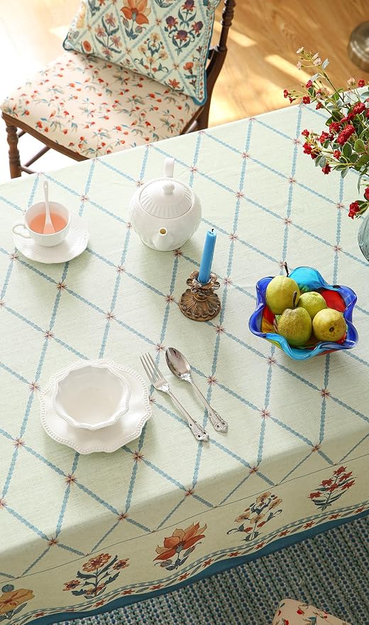 ISAENNE Designer Linen Floral Rectangular Tablecloth, Light Green Farmhouse - Image 7