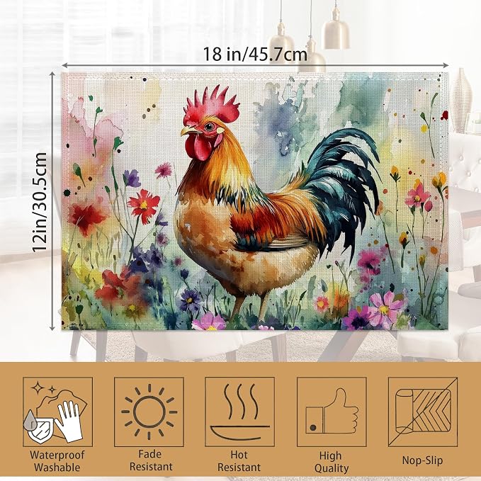 6 Pcs Placemats, Chicken Placemat, Flower Field Table Mats Washable Recyclable - Image 6