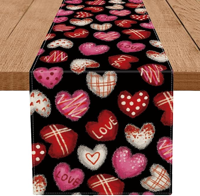 Valentines Day Decorations Table Runner Love Hearts Black Kitchen Dining Table by QIONGMENG