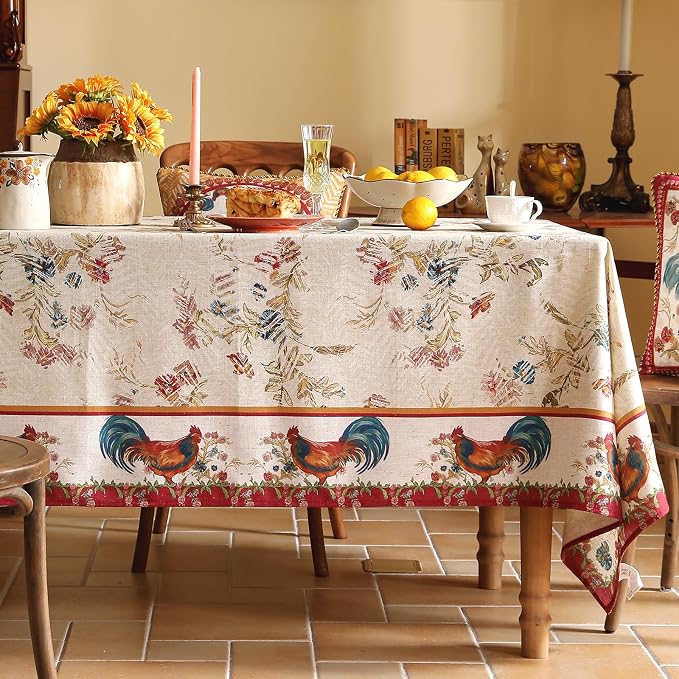 patdrea Designer Vintage Red Rectangle Tablecloth, French Linen Animals Pattern - Image 2
