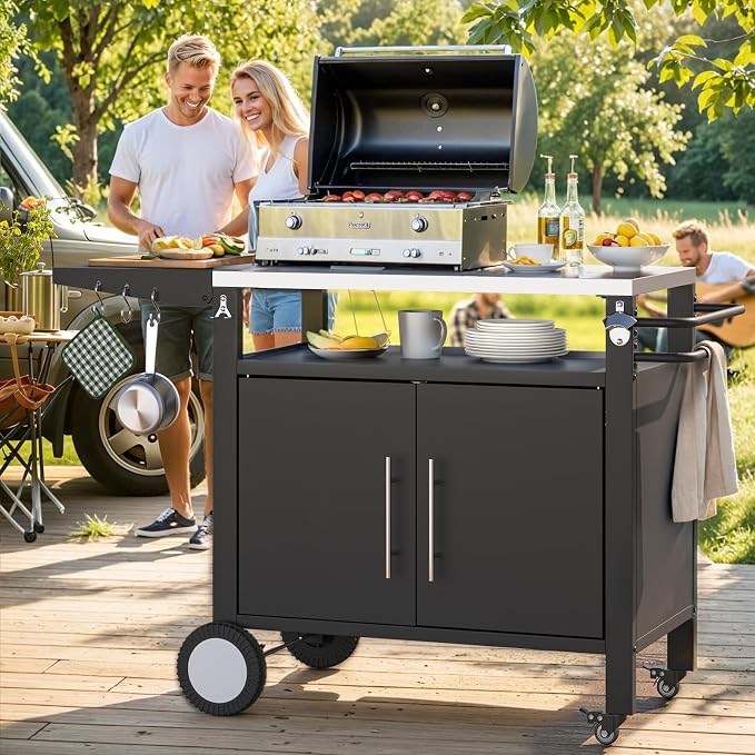 Outdoor Kitchen Storage Cabinet on Wheels, Grill Prep Table Kitchen Cabinets - Image 8
