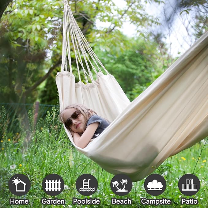 Hammock in White Cotton, Portable Camping Hammock with Anti-Rollover Design