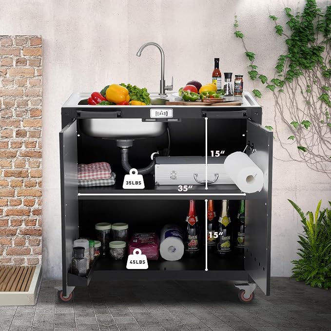 Freestanding Grill Cart with Sink and Cabinet, Movable Outdoor Cart Table with - Image 3