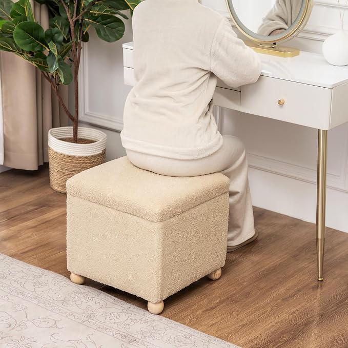 Adeco 17 Inch Soft Oatmeal Cube Ottoman Storage, Teddy Velvet Chair Foot Stools - Image 4