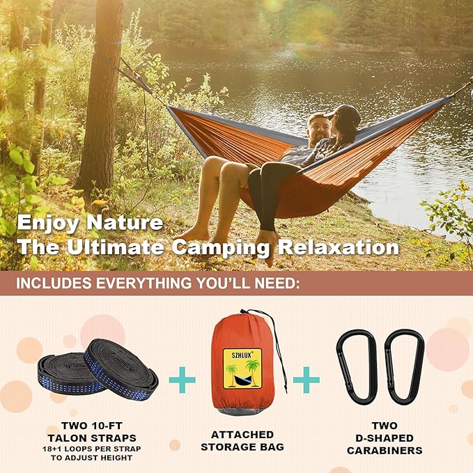 Hammocks, 2-Person Portable Camping Hammock, Orange and Grey, 500 lb Limit