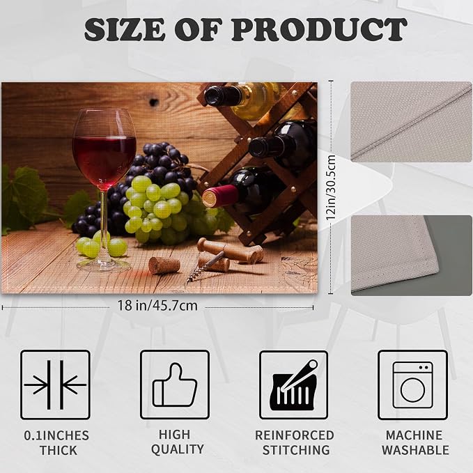 Red Wine Grapes Placemats for Dining Table Set of 6, Glass Cup Place Mats for - Image 2